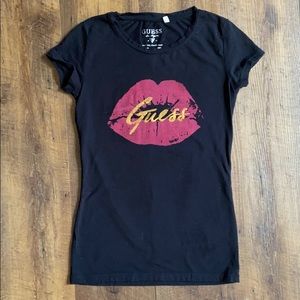 Guess Black T Shirt with Red Lips/Gold Sequence
